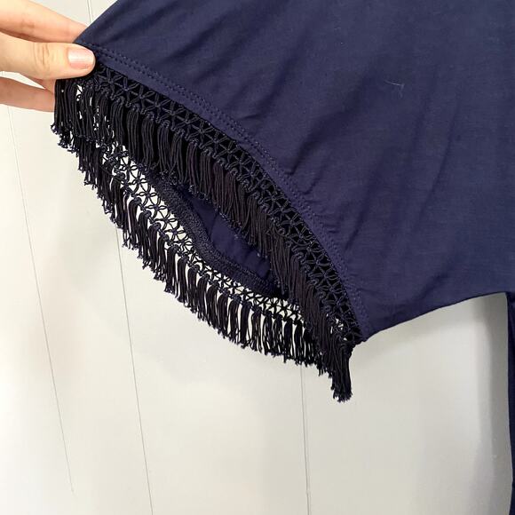 Trina Turk Indigo Blue Bird of Paradise Knit Tassels Party Blouson Dress S - Picture 5 of 10